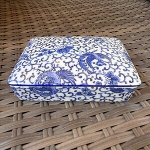 Takahashi San Francisco Porcelain Double Deck Playing Card Holder Blue White Jap